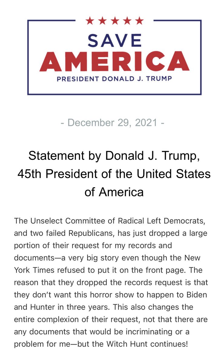 False. The ⁦<a href="/January6thCmte/">January 6th Committee</a>⁩ hasn’t  dropped requests for any necessary records. In fact, we’re actively litigating to obtain White House records Trump is trying to conceal. We will not allow him to hide the truth about January 6th, or his conduct, from the American people.