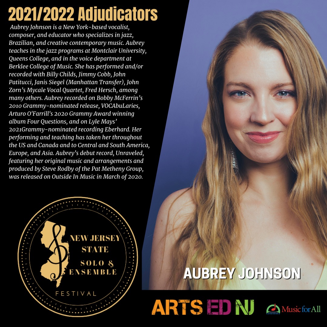 ArtsEdNJ's tweet photo. Meet @AubreyKayJ - adjudicator for the 2022 NJ State Solo &amp; Ensemble Festival!

An NY-based vocalist, composer, and educator, she teaches at @montclairstateu  , @QC_News , and @BerkleeCollege  .

Thank you for judging, Aubrey - we're so grateful to work with you! https://t.co/rkYmnXtcyz