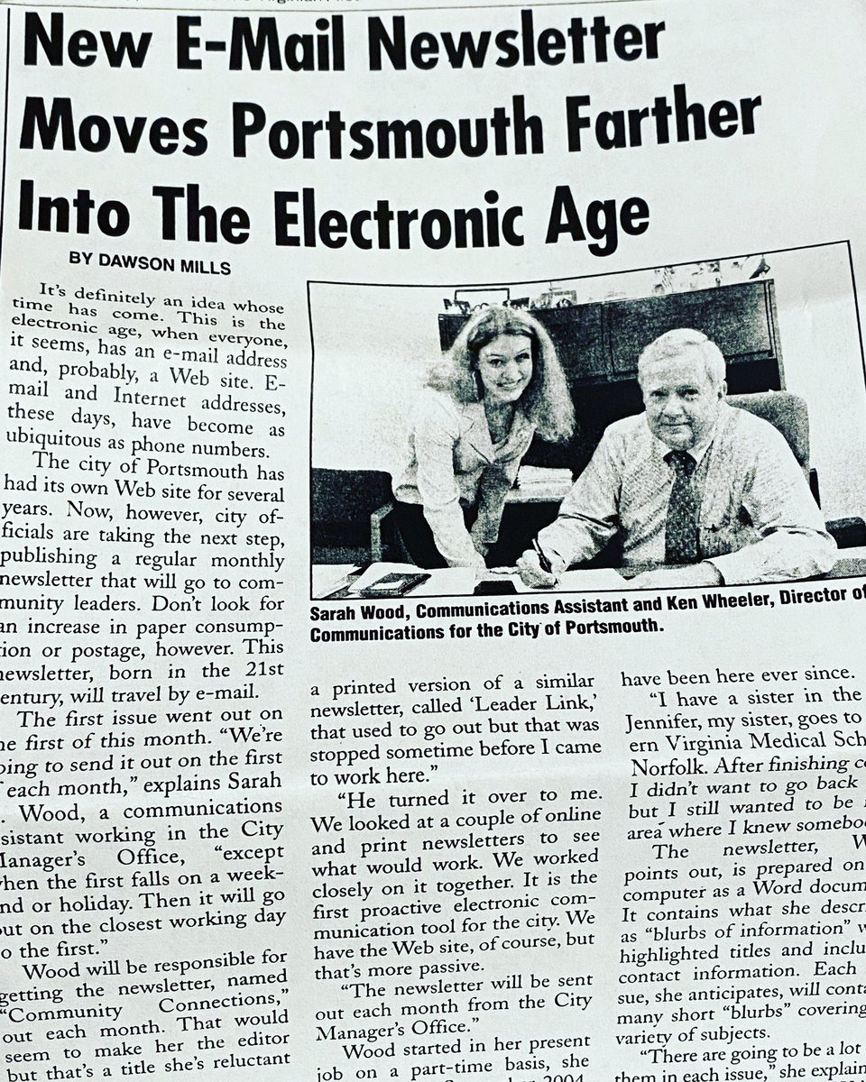 SarahWoodComms's tweet photo. Look what made me feel old when I found it today: A community paper did a story on me distributing the first @cityofPortsVA enewsletter. It was a Word doc attachment, lol https://t.co/XAzUl16nwg