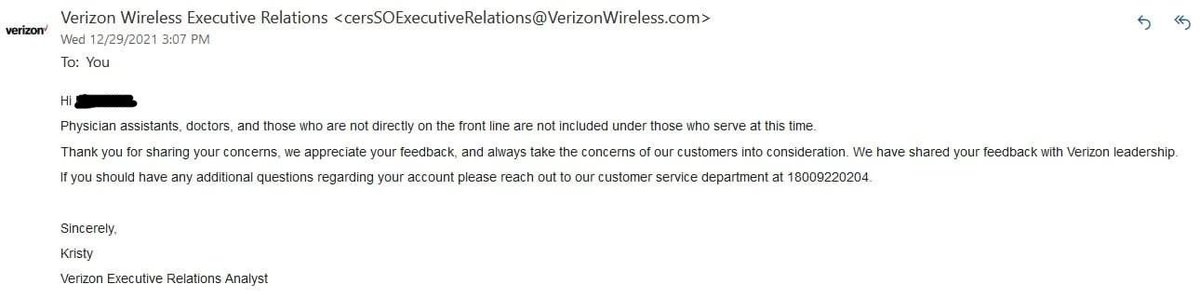 al_jo_bart's tweet photo. @Verizon @VerizonSupport so apparently PAs and doctors are not included under front line workers? I’m sorry, who do you think sees all these patients? This is absolutely deplorable. https://t.co/DxeDsyrYU7