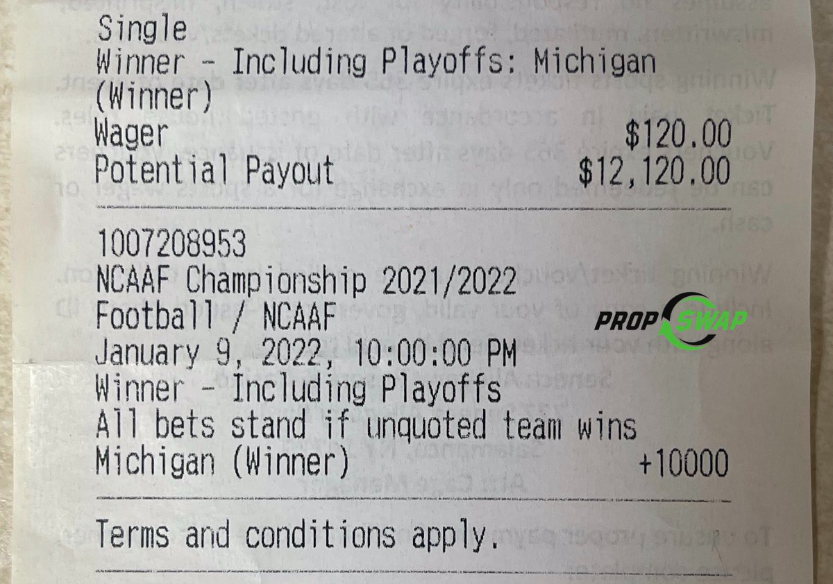 PropSwap's tweet image. SOLD: this $120 100/1 Michigan to Win #CFBPlayoff ticket just purchased on PropSwap for $1,800! New odds of +573 for the buyer. #GoBlue