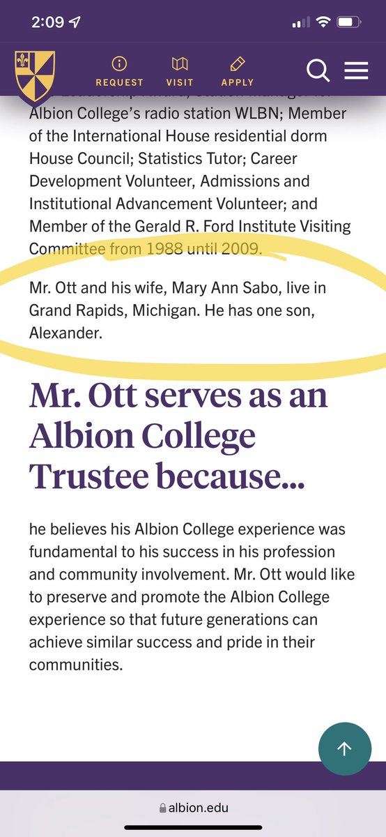 RogueAlbion's tweet photo. For clarity, this screenshot from the @albioncollege website showing the relationship between the new Albion spokesperson and a staunch Mathew Johnson supporter, Trustee Jeffrey Ott. Johnson is the disgraced former Albion president who resigned last week. https://t.co/vTvIwXSbpN