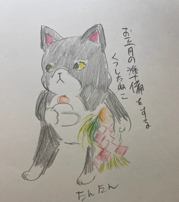お正月の準備をするくつしたねこ

#猫 #イラスト 