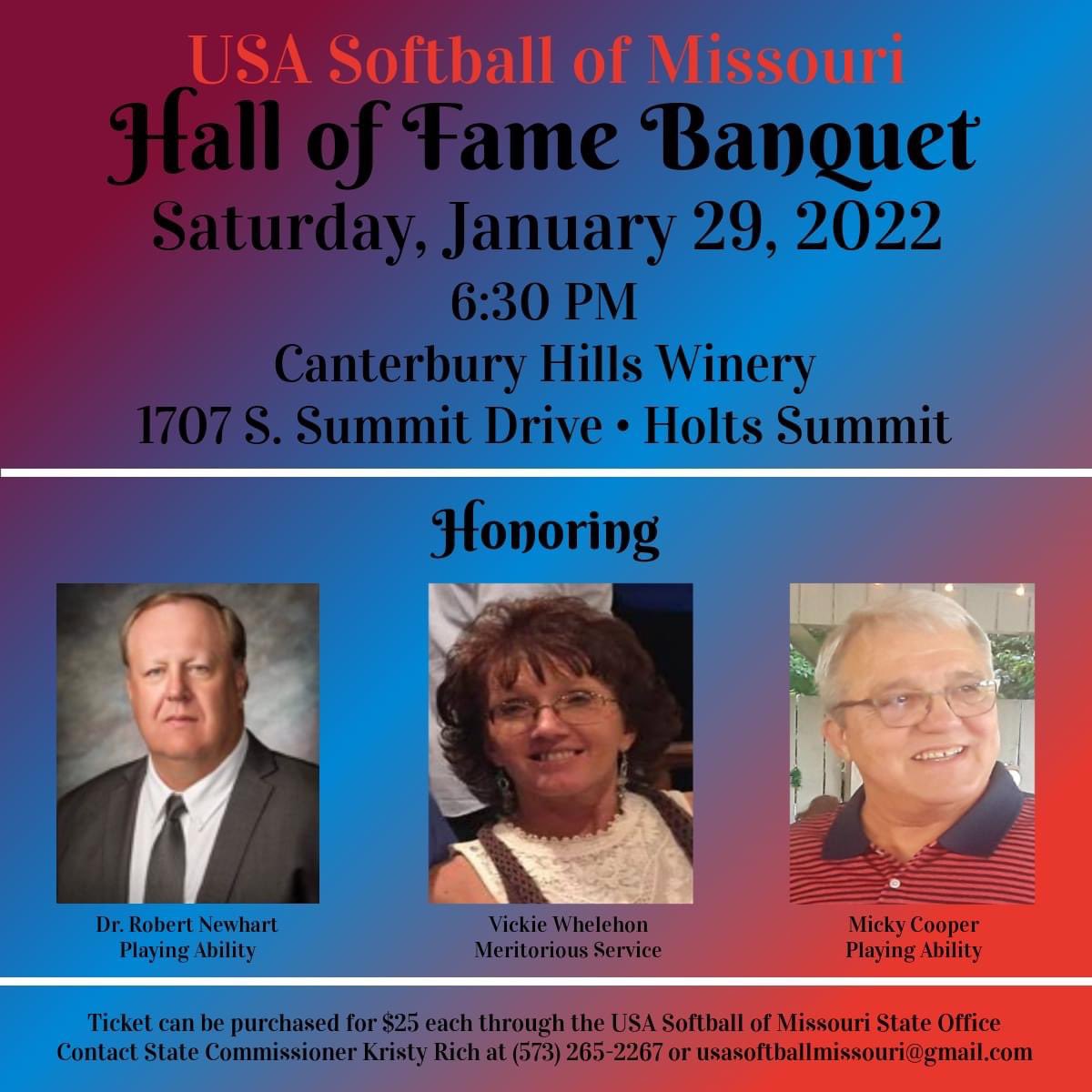 UsasoftballMo's tweet photo. Dr. Robert Newhart, Vickie Whelehon, &amp; Micky Cooper will be inducted into USA Softball of Missouri Hall of Fame during its annual banquet Jan. 29. Tickets for the event are now on sale &amp; can be purchased through the state office. #usasoftballmissouri https://t.co/8EyvXSmR8d
