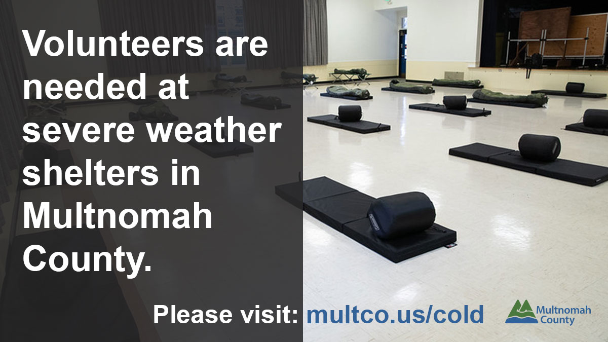📢Even if you can't volunteer right now, please help spread the word with a retweet. As we face a prolonged stretch of cold weather, volunteers are *still* needed at severe weather shelters across <a href="/multco/">Multnomah County, OR</a>. Find shelter locations and volunteer sign ups at multco.us/cold.