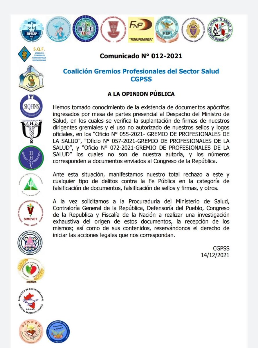 GMinsa's tweet photo. Comunicado Nº 012-2021
A la opinión pública
@pedrofrancke @PedroCastilloTe @MEF_Peru @SIPSSAPOf @digerd_minsa @NoraLizBalt @FEDEMINSAP1 @RPPNoticias @peru21noticias @exitosape @Defensoria_Peru @Minsa_Peru @canalN_ @noticiAmerica @atvpe https://t.co/CqVMiaoAsR