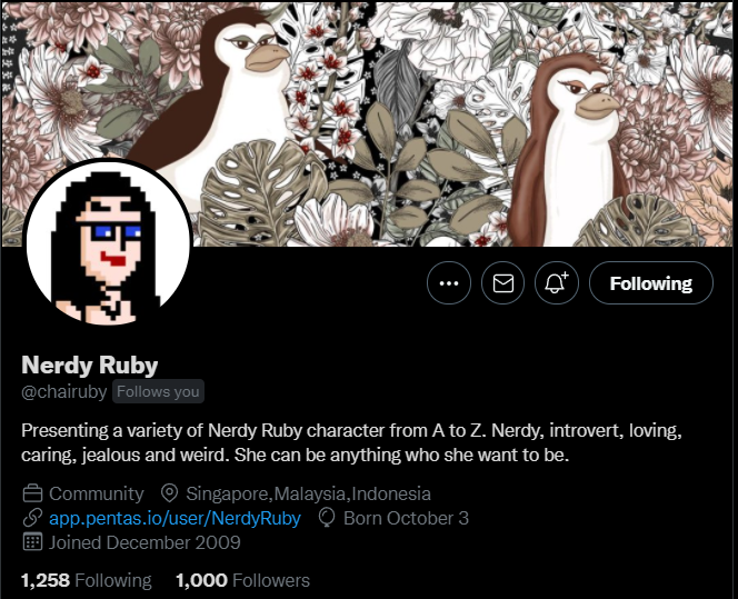 chairuby's tweet photo. OMG can't imagine the end of the year 2021 reaching 1000 followers and all #NerdyRuby NFT SOLD out. For me, it's an achievement. Thanks to the @Pentasian community, friends, and family for the love and support πππ.
#Pentasian #nftcollectors #NFT π₯°ππ https://t.co/jeuf94q3wD