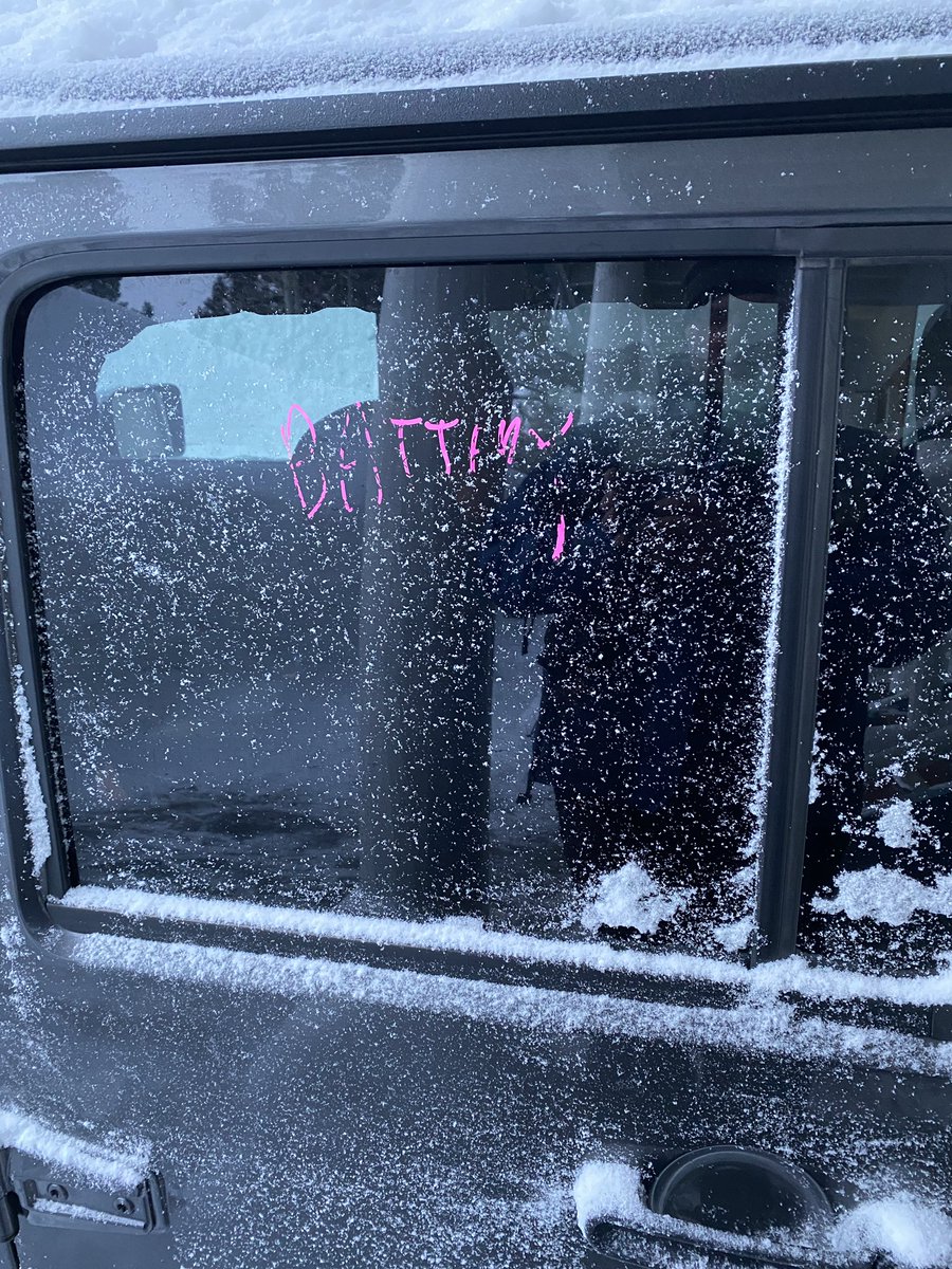 JRisolo's tweet photo. @Budget we drove across the Sierra Nevadas in snowy, freezing conditions in this Budget rental. The car won’t start. We found the word “battery” written in grease pen on the back window. #safetyfail #tripinterrupted  oh, and six hours later, no assistance. https://t.co/jQjs51c014