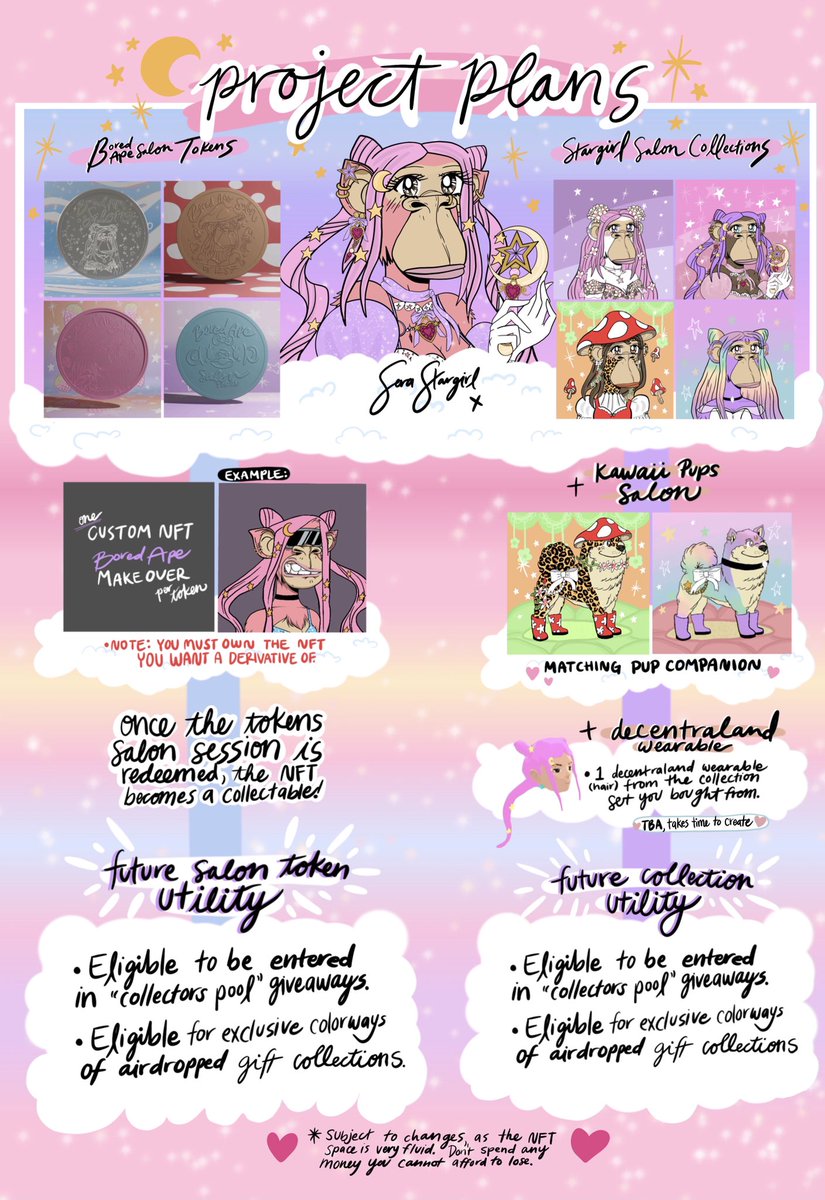 Made this graphic to help explain my @boredapesalon + <a href="/StargirlSalon/">Stargirl Salon</a> projects. I go more in depth on my discord 🥰🌈🌸✨💫