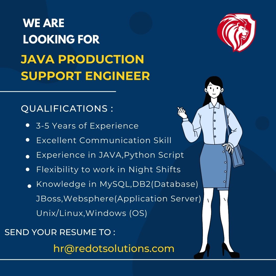RedotSolutions's tweet image. We are Hiring !!
We are looking for a Java Production Support Engineer with 3-5 years experience to join our team !
Never Miss Out!!
Drop your resume at : hr@redotsolutions.com
Enroll your name via call/WhatsApp  :+91 7272811100 , +91 7272911100
#hiringnow #hiring2021