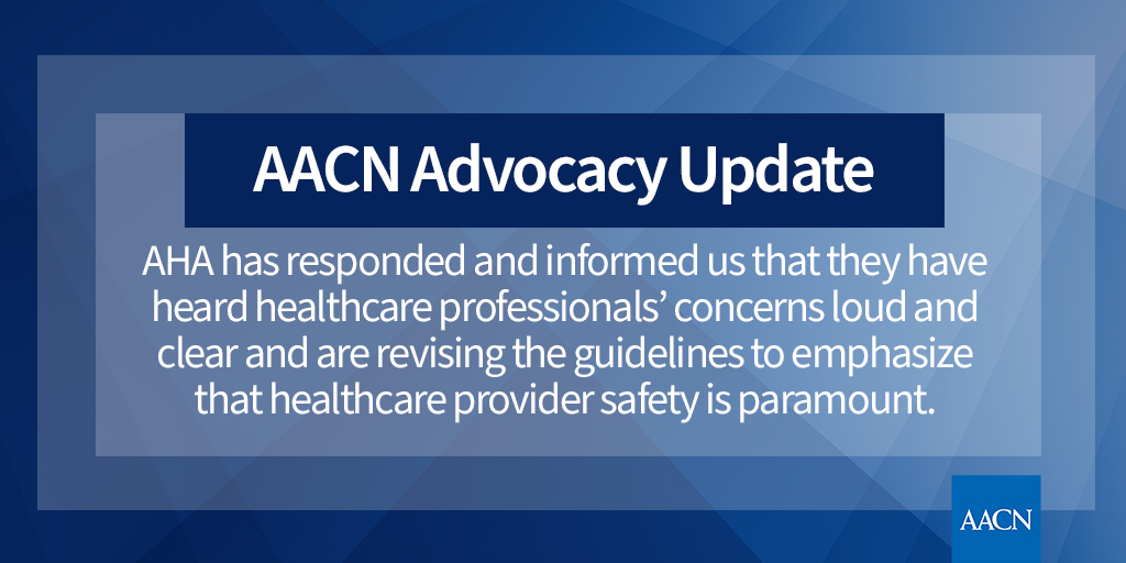 AACN reached out to the American Heart Association (AHA) about their 2021 interim CPR guidance in patients with known or suspected COVID-19. We offered feedback on aspects of the guidelines we found unclear or potentially unsafe.