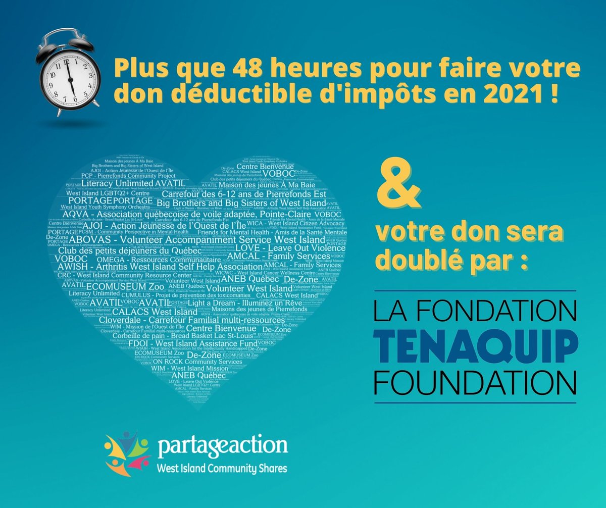 En cette fin d'année difficile, la demande pour les services offerts par les organismes communautaires de l'Ouest-de-l'Île a augmenté exponentiellement. Donnez maintenant et la Fondation TENAQUIP doublera le montant de votre don. Jusqu'à minuit 31 déc. pour  crédit d'impôts 2021.