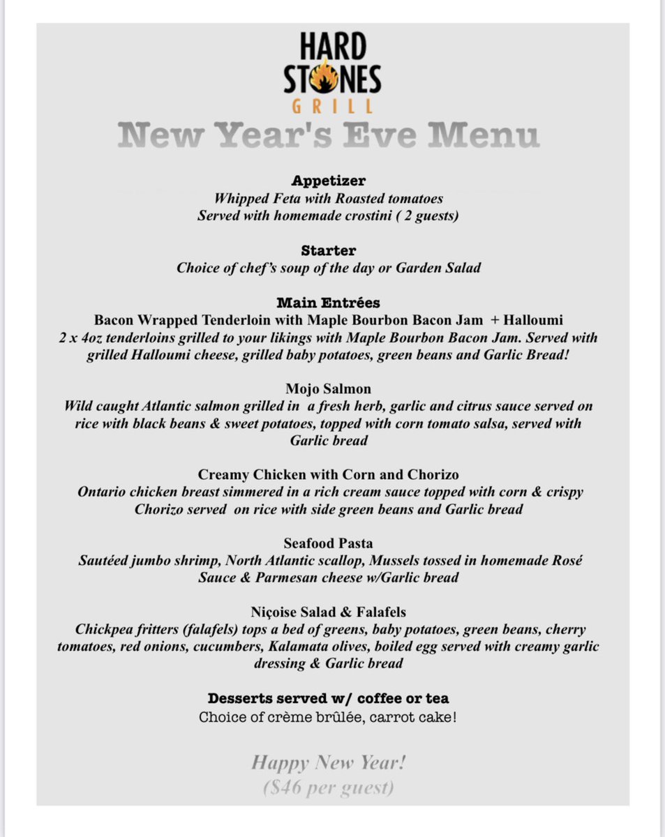 🥂Ring in the New Year with loved ones and delight in the 4-course menu! 🎊

Preorder or 
Reserve Online hardstonesgrill.ca/reservations 
or call Nepean Tel: 613-518-7440  /  Kemptville Tel: 613-215-0738