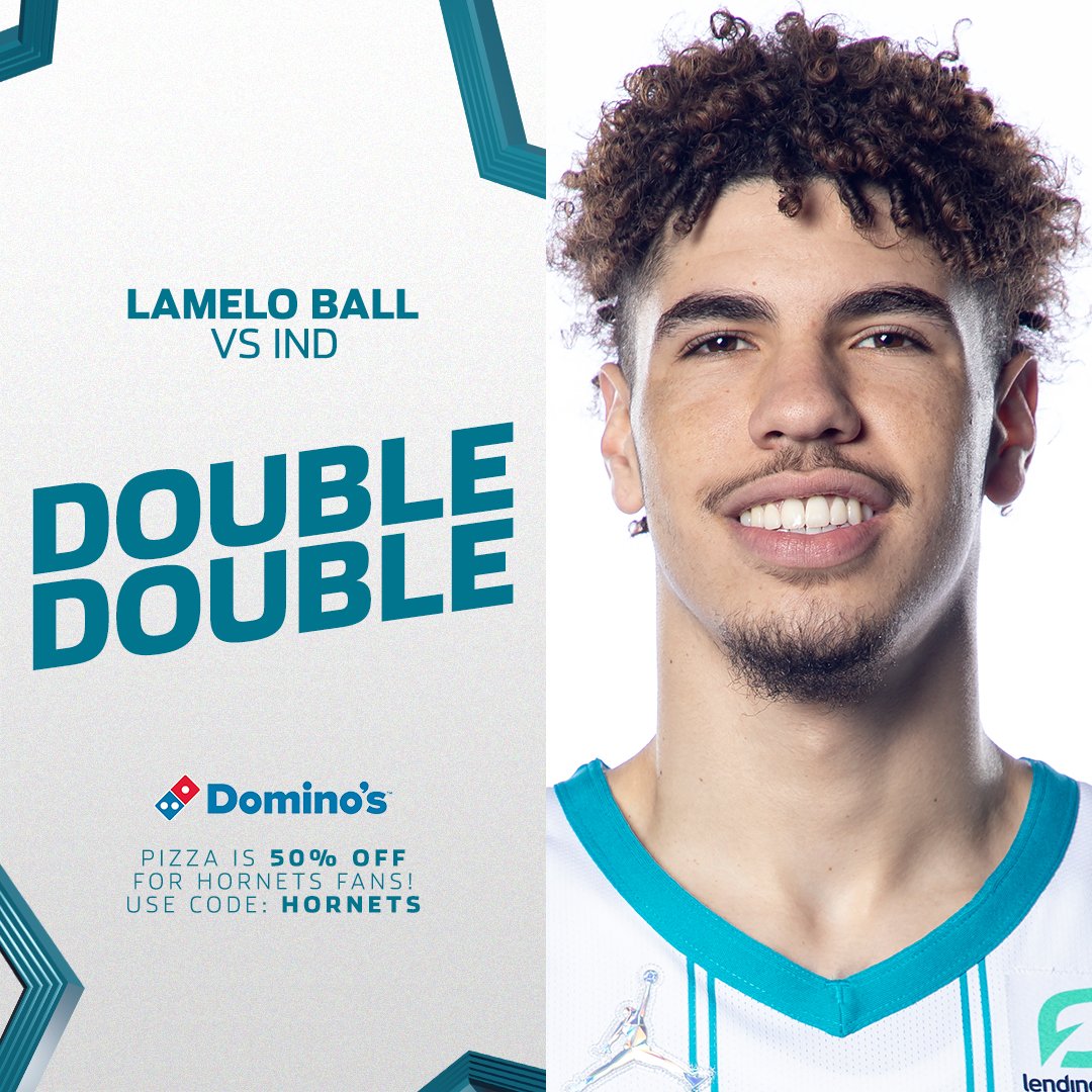 hornets's tweet photo. A double-double from the one &amp; only @MELOD1P! 🛸

Get 50% off @yourlocaldomino tomorrow with code HORNETS.

RT to VOTE for LaMelo for #NBAAllStar! ⭐️ https://t.co/ShOJRDsytx