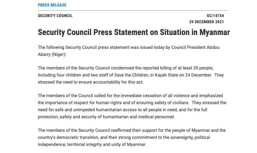 UNinMyanmar's tweet photo. The UN Security Council calls for immediate cessation of all violence, respect for human rights, ensuring safety of civilians, unimpeded humanitarian access to all people in need, and full protection of humanitarian workers.
https://t.co/jTzyLIY1Ku https://t.co/VIKYhheWCF