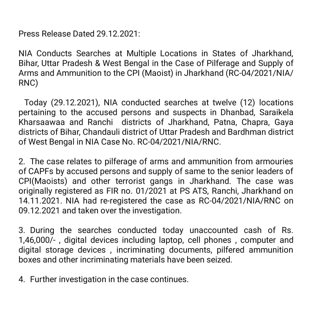 NIA_India's tweet photo. NIA Conducts Searches at Multiple Locations in States of Jharkhand, Bihar, Uttar Pradesh &amp; West Bengal in the Case of Pilferage and Supply of Arms and Ammunition to the CPI (Maoist) in Jharkhand (RC-04/2021/NIA/RNC) https://t.co/KDaOtQzERQ