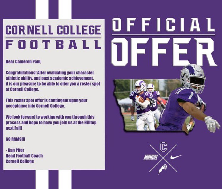 I am extremely excited to announce my first offer from Cornell College!! <a href="/CoachWaber/">Daniel Waber</a> Go Rams 💜🤍