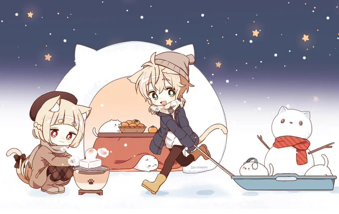 お餅が焼けるのが待ち遠しいゆるねこ女子と、雪遊びに夢中なゆるねこ男子今年も残りわずかですね良いお年をお迎えください#ゆるねこ女子#ゆるねこ男子#晦日 