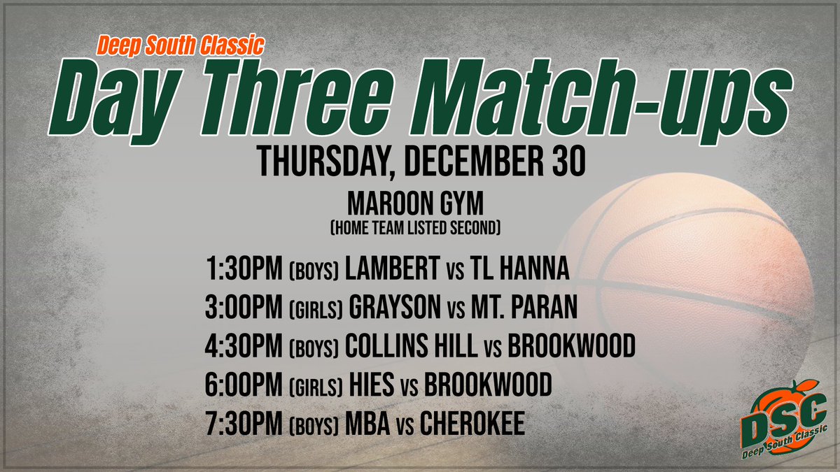 Day 3 Schedule for the Deep South Classic at Brookwood High School. All games tomorrow will be in the Maroon Gym.
