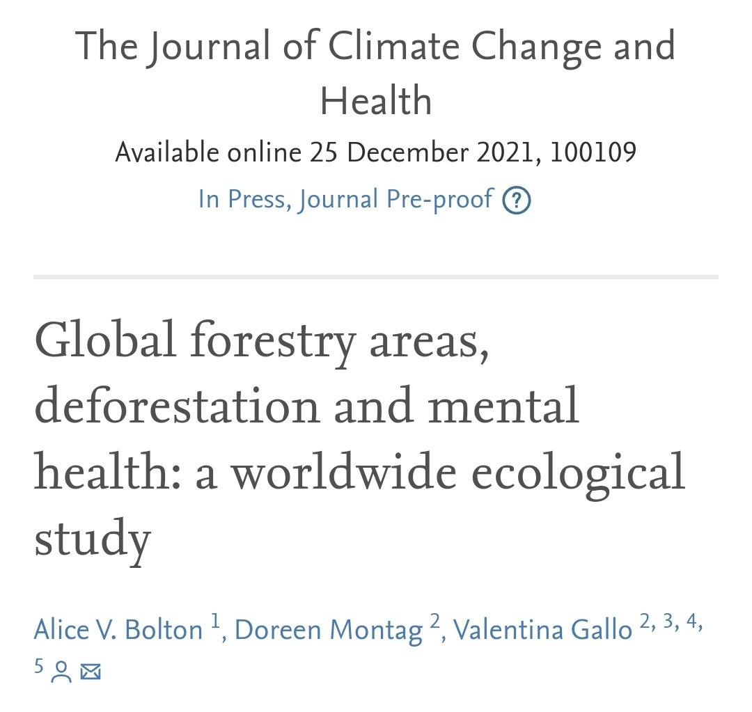 New, phenomenal work (by @drdmontag, @drvgallo and team at @QM_GlobalHealth and @QMULBartsTheLon) which highlights that greater amounts of forestry areas in a country are associated with less mental health disorders in the same country. sciencedirect.com/science/articl…