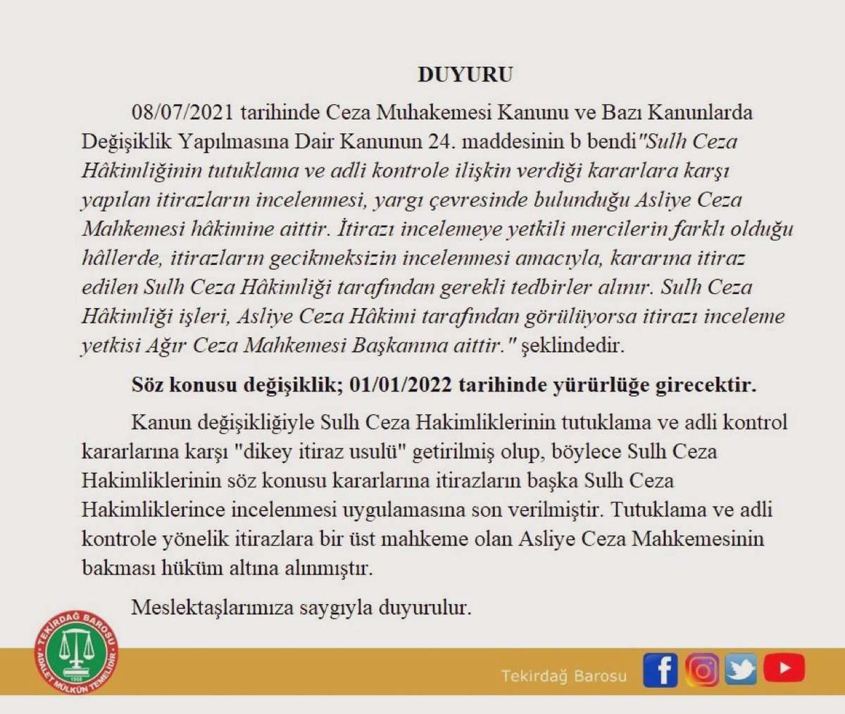 1 Ocak’tan itibaren, Sulh Ceza Hakimliklerinin tutuklama ve adli kontrol kararlarına karşı yapılacak itirazlara Asliye Ceza Mahkemesi Hakimleri bakacak. <a href="/Tekirdag_Barosu/">Tekirdağ Barosu</a>