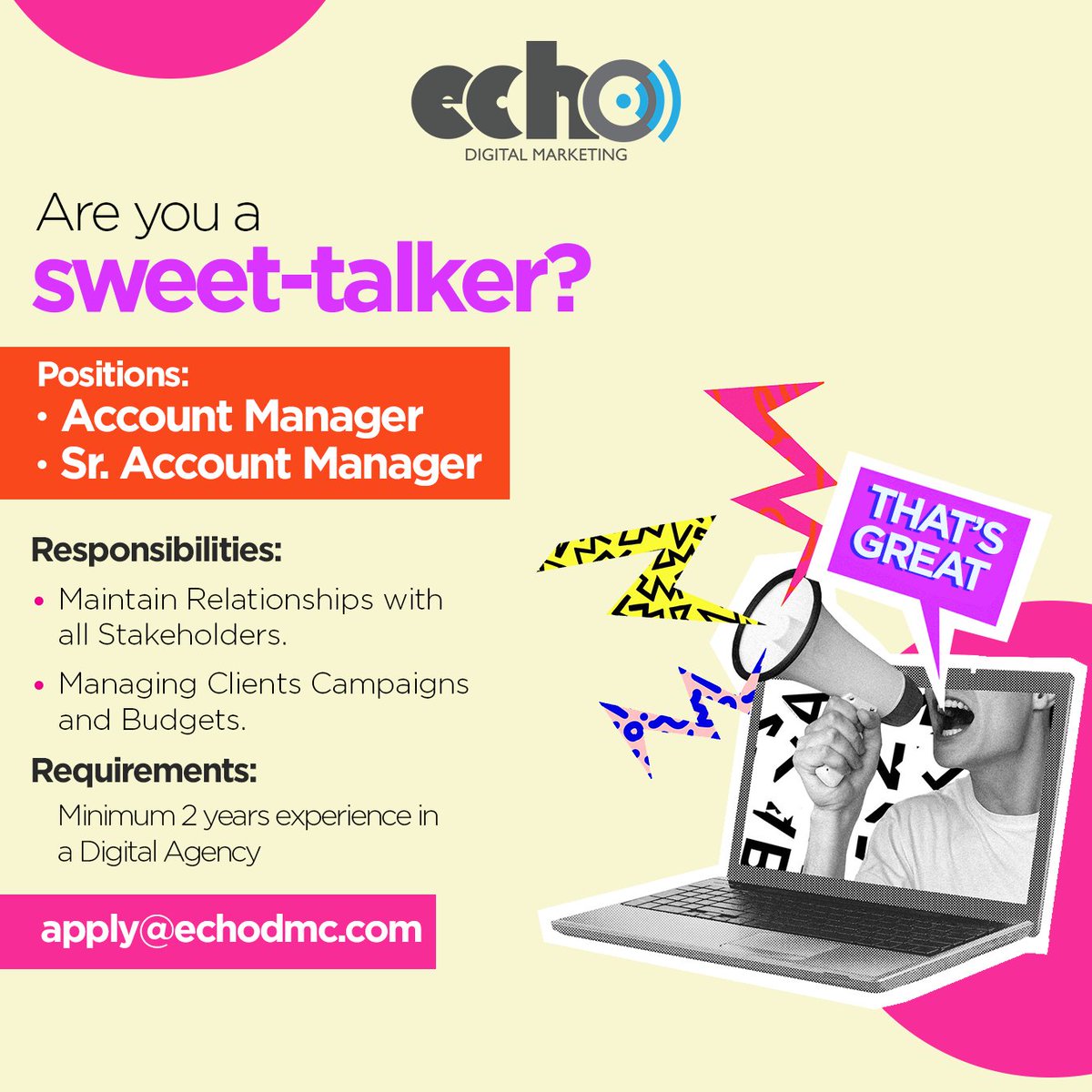 EchoDMC's tweet photo. If you want to be part of an amazing and fast growing Digital Agency - simply apply@echdmc.com 
#digitalmarketing #jobs #jobsinpakistan #jobskarachi #karachi #pakistan #digitalagency. https://t.co/hQnDxjuoL2