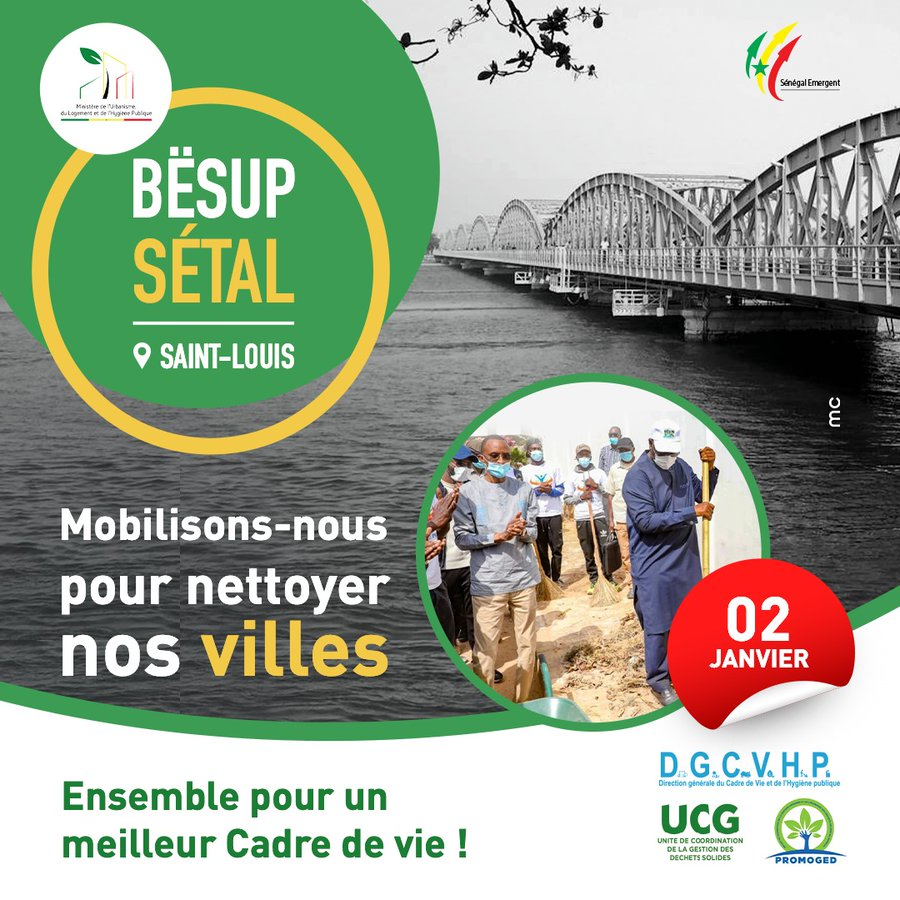 MchunuJames's tweet photo. La journée mensuelle de nettoiement "Bësup Setal" aura lieu le 02 janvier 2022.
Pour cette édition, #SaintLouis est choisie comme ville hôte. 
Mobilisons nous pour nettoyer nos quartiers, nos villes, pour un "#Sénégal propre".
Ensemble pour un meilleur cadre de vie! https://t.co/1RlXJMBFyV
