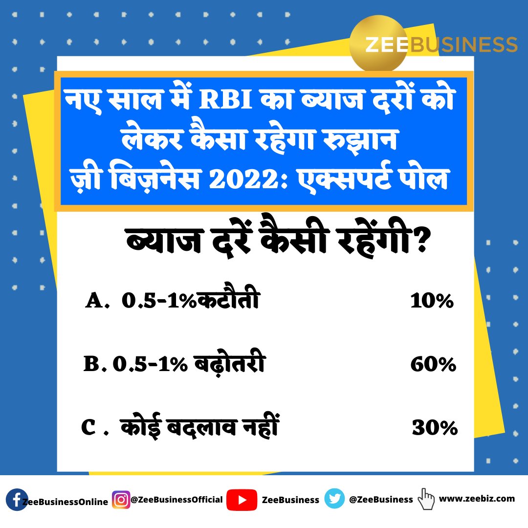 ZeeBusiness's tweet photo. #ZbizPOLL | 2022 में क्या दरें बढ़ेंगी? https://t.co/JJWpQEbqDm