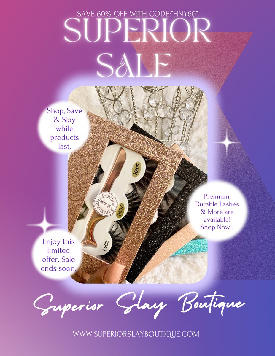 SupSlayBoutique's tweet photo. This End of Year Sale is Superior here on https://t.co/O4JG9h2is5. Up to 60% off is savings are available with code:HNY60. Shop, subscribe &amp; leave a review. Thanks for the love &amp; support! Follow @SupSlayBoutique for updates!💕#Ad #Shop #Sales #Deals #Offers #discountcode #Lashes https://t.co/j0iYdnkJVY