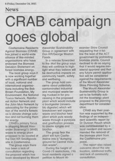 wearecrab's tweet photo. CRAB campaign against biomass goes global featured in this week's @CastlemaineMail
https://t.co/C45r4Ml3Au
#BigBadBiomass
#AgainstBiomass
#BiomassDelusionStatement
#BiomassDelusion
#WasteToEnergyNoWay
#IsDonIsNoGood
#MASG https://t.co/exXKOZkgiy