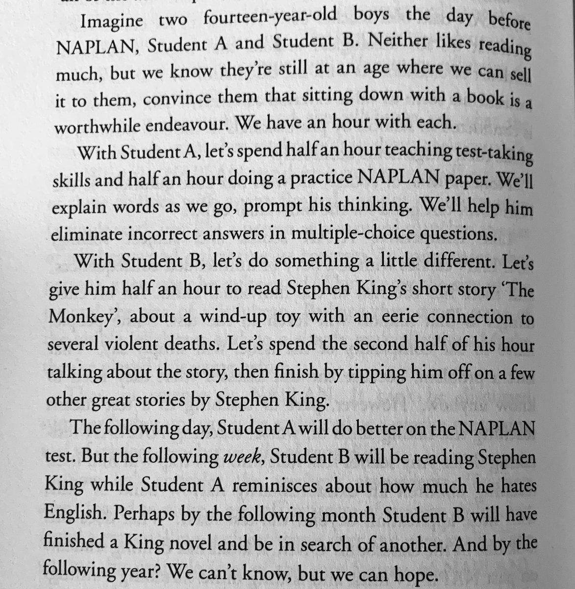 vanweringh's tweet photo. @John3999 @bjmurrayauthor @cpaterso Good point about the problems with #teachingtothetest; it’s boring and a short term fix that creates long term issues: #TheSchool p116 https://t.co/KsRmo9Ni7R