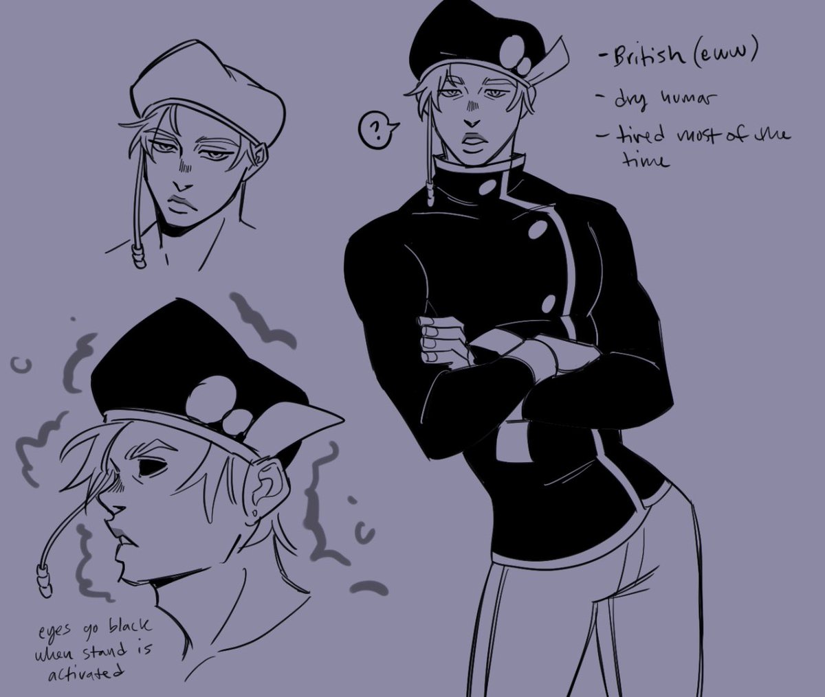 ive been tryna make some jojo ocs for like a month now 😭 heres this dude im still trying to work out (first pic is a crop of his design but i dont like it too much so im definitely gonna go back and redesign him) 