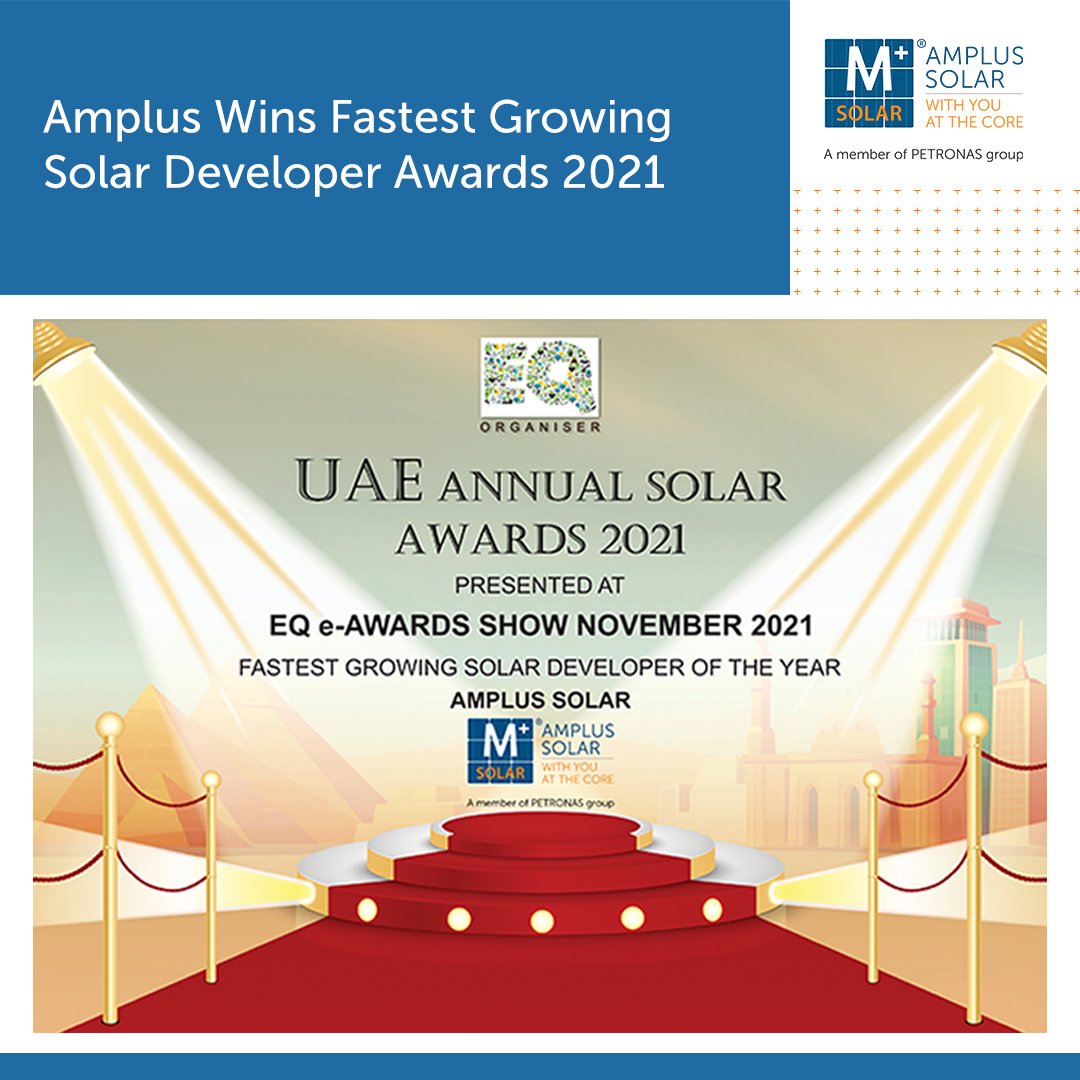 amplussolar's tweet photo. Happy to be the recipient of the ‘Fastest Growing Solar Developer of the Year 2021’ by EQ at the UAE Annual Solar e-Awards 2020-21. Your trust in us encourages us to keep growing.
#withYOUattheCORE ##amplussolar #switchtosolar #solarpower #renewableenergy
@EQMagPro https://t.co/HrDNDiIUO9