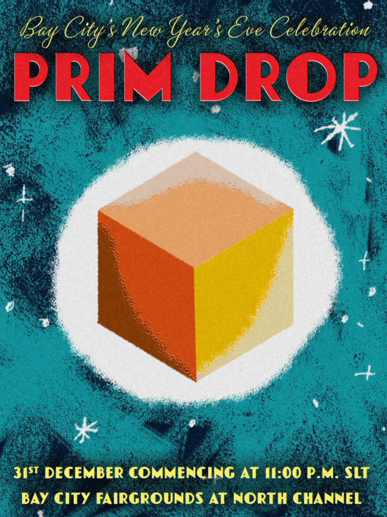 Friday night starting at 11:00 p.m. SLT, it’s the annual NYE Prim Drop! Black tie requested. Food, drink, and favors provided. Music, dancing, and fireworks to welcome in the new year! maps.secondlife.com/secondlife/Nor…