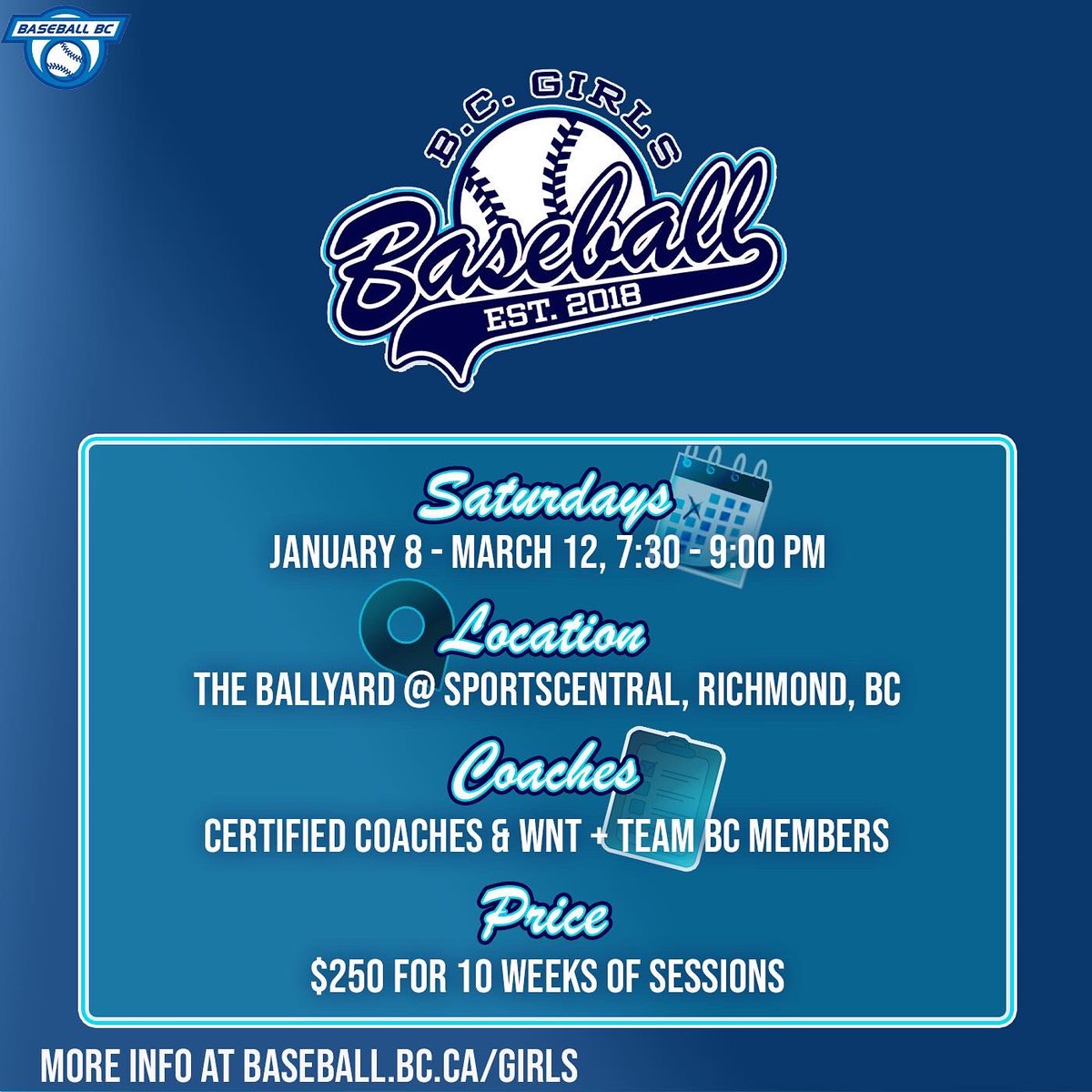 ⚾️ Only a few spots left in our Pre Season Development Series starting January 8!

📆 Saturdays January 8 - March 12 

⏰ 7:30pm - 9:00pm 

📍 The Ballyard @ Sport Central, Richmond 

🧒 Ages 12+

🔗 baseball.bc.ca/girls

#BCGirlsBaseball #GirlsBaseball #PreSeasonBaseball