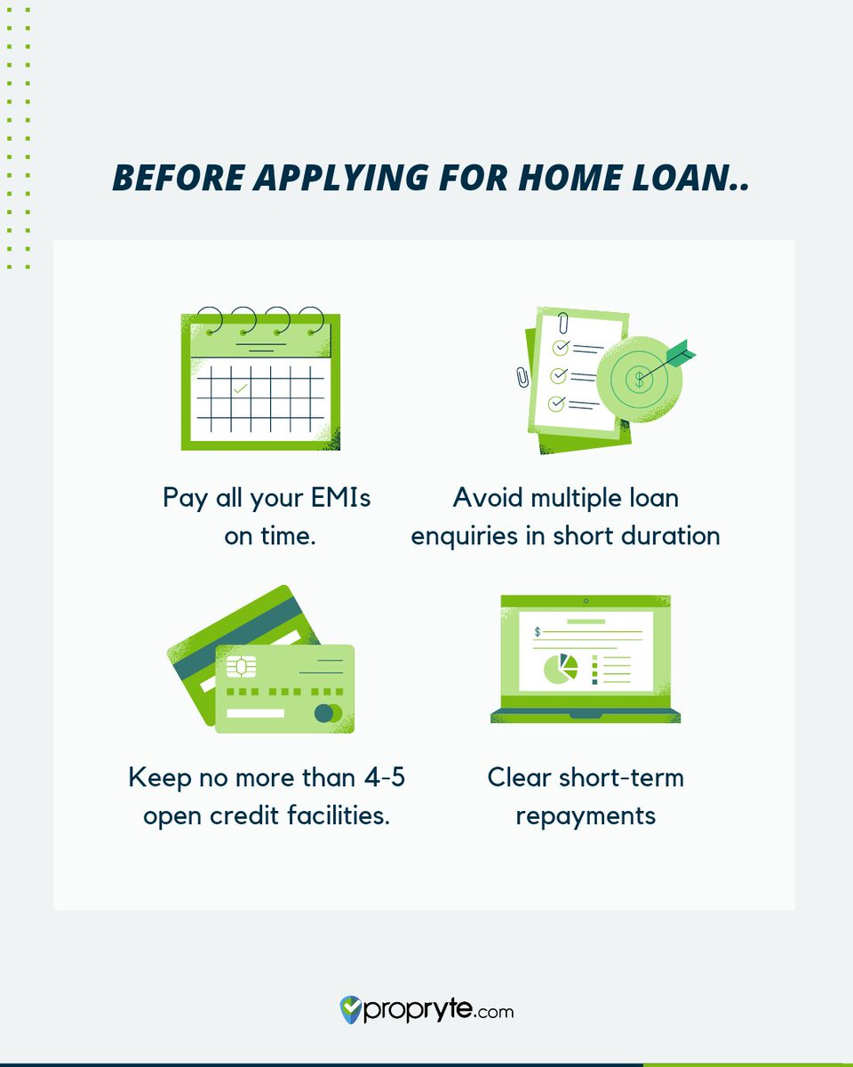 propryte's tweet photo. Some quick tips to improve your credit score before applying for home loan.
#realestateblog #propertysearch #homebuyers #PropertyInvestment #propertyreviews #housing #homesforsale #homebuyertips #RealEstate #homebuyers #homeloans #apartments #propertyforsale https://t.co/GAkkoYpas4