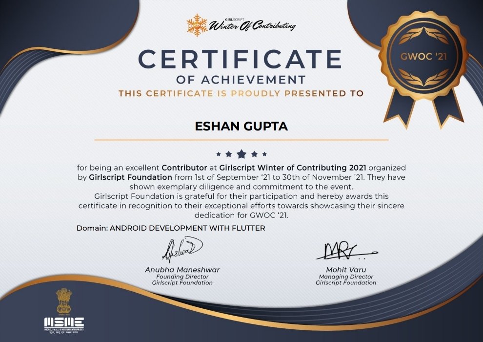 Eshanstweet's tweet photo. Hey Everyone,
Recieved the certificates for open source contribution in @girlscriptwoc and that too in the following 2 categories.
Really it was an awesome journey and looking forward to more in the field of Opensource
Android Development with Flutter and Kotlin
#gwoc #OpenSource https://t.co/FWzsZnG6xz