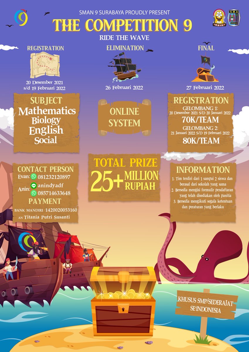 Competition_9's tweet photo. 🏴‍☠️Get on board, pirates!🏴‍☠️
The biggest NATIONAL Competition for Junior High School is back!
 
Let's ride the wave together once again, shall we?
 
SMAN 9 Surabaya Proudly Present
✨THE COMPETITION'9 2k22✨ https://t.co/322F5Cek53