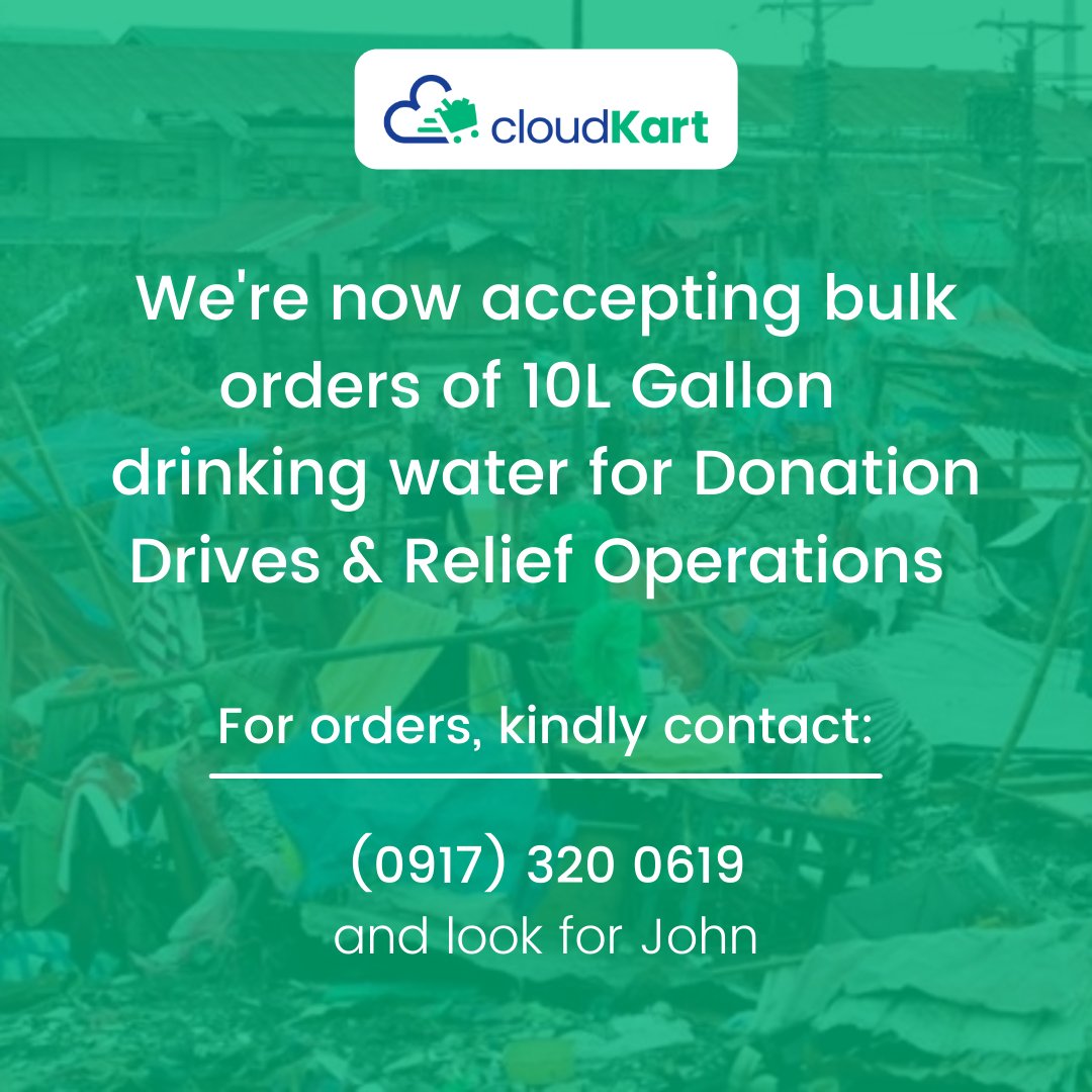 cloudkartph's tweet photo. We're open for bulk orders of 10L gallon of Drinking Water for Donation Drives and Relief Operations for those affected by #OdettePH .

Should organizations wish to order, please call (0917) 320 0619 and look for John.

Thank you very much! https://t.co/Mqf76PpbRu
