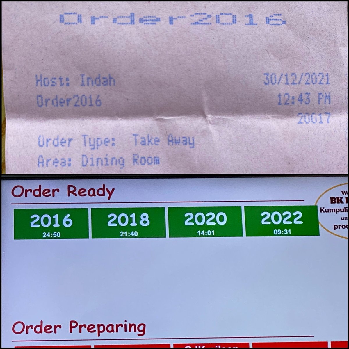 eitheadotnet's tweet photo. Apakah memang dibutuhkan waktu 24-25 menit untuk menyiapkan 3 paket @BurgerKing ?
2 kali beli di sini, dalam kawasan Kota Wisata Cibubur harus menunggu lama. https://t.co/oyWFmGY8Av