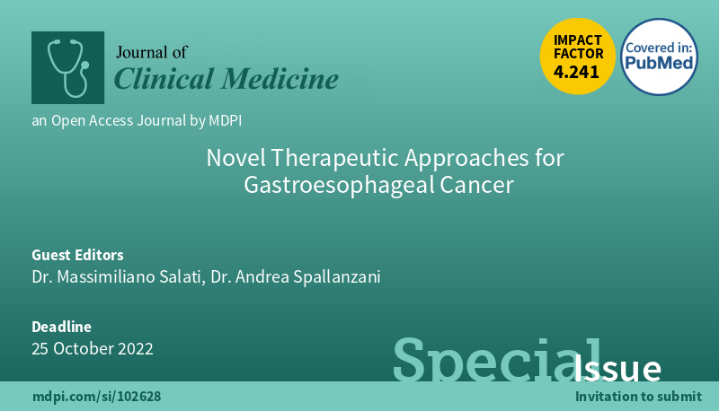 #mdpijcm 
#SpecialIssue "Novel Therapeutic Approaches for #GastroesophagealCancer" edited by Dr. Massimiliano Salati and Dr. Andrea Spallanzani is open for submissions!
#Deadline: 25 October 2022
More info: mdpi.com/journal/jcm/sp…