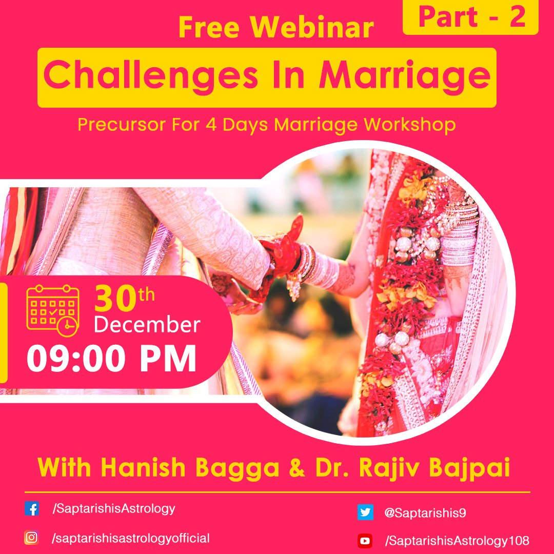 Saptarishis9's tweet photo. Hi Everyone, 
You all are invited to a free zoom webinar.
Topic: Challenges In Marriage (Part-2)
When: Dec 30, 2021, 09:00 PM  IST 
Register in advance for this meeting:
https://t.co/5T6BIAAFC8

#astrology #marrige #astrostuffs #astrologyservice https://t.co/xQuqkWj28i