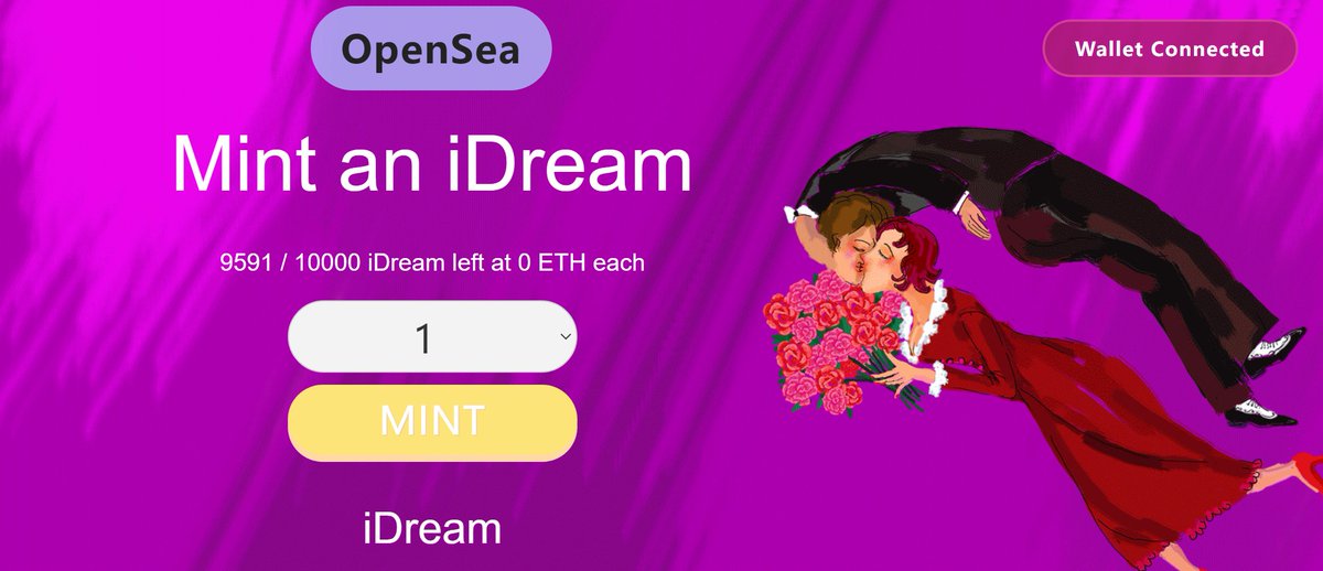 liulingidream's tweet image. iDream NFT #NFTdrop 
1️⃣ iDream NFT total external supply: 10,000
2️⃣ Total number of whitelists: none
3️⃣ Pre-sale 1: mint 1-5 NFT (only transaction fee)
4️⃣ Pre-sale 2: mint1=0.02ETH + transaction fee
5️⃣ mint website address: idream.art