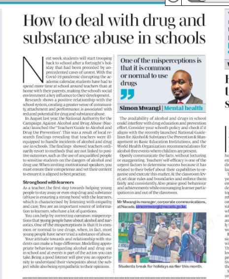 NACADAKenya's tweet photo. How should schools deal with substance abuse? @mwangi_simons Communication Manager @NACADAKenya shares insightful do's and dont's to achieve substance abuse free schools &amp; postive outcomes #PreventionWorks https://t.co/mjmoOYmUa7
