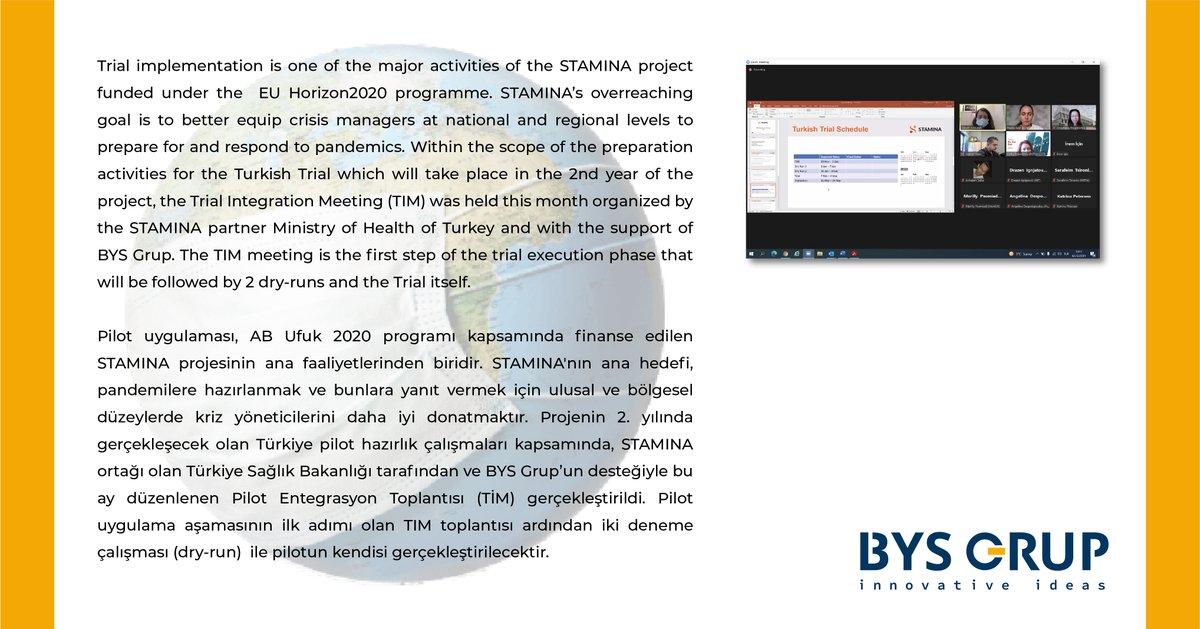 BysGrup's tweet photo. @stamina_project   projesinin 2. yılında gerçekleşecek olan Türkiye pilot hazırlık çalışmaları kapsamında, STAMINA ortağı olan T.C. Sağlık Bakanlığı tarafından ve BYS Grup’un desteğiyle bu ay düzenlenen Pilot Entegrasyon Toplantısı (TİM) gerçekleştirildi. 

#COVID19 #BYSGrup https://t.co/F4sCS4AzQJ
