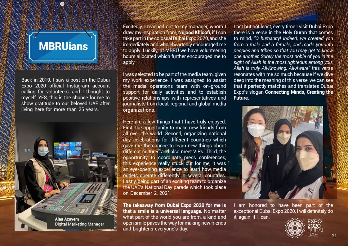 AlaaAzayem's tweet photo. Check out my exceptional volunteering story at #Expo2020 Dubai that was featured in the #MBRU 360 Newsletter. 
Proud to be an MBRUian 😊

#Expo2020Volunteers https://t.co/u9XADn5qq1