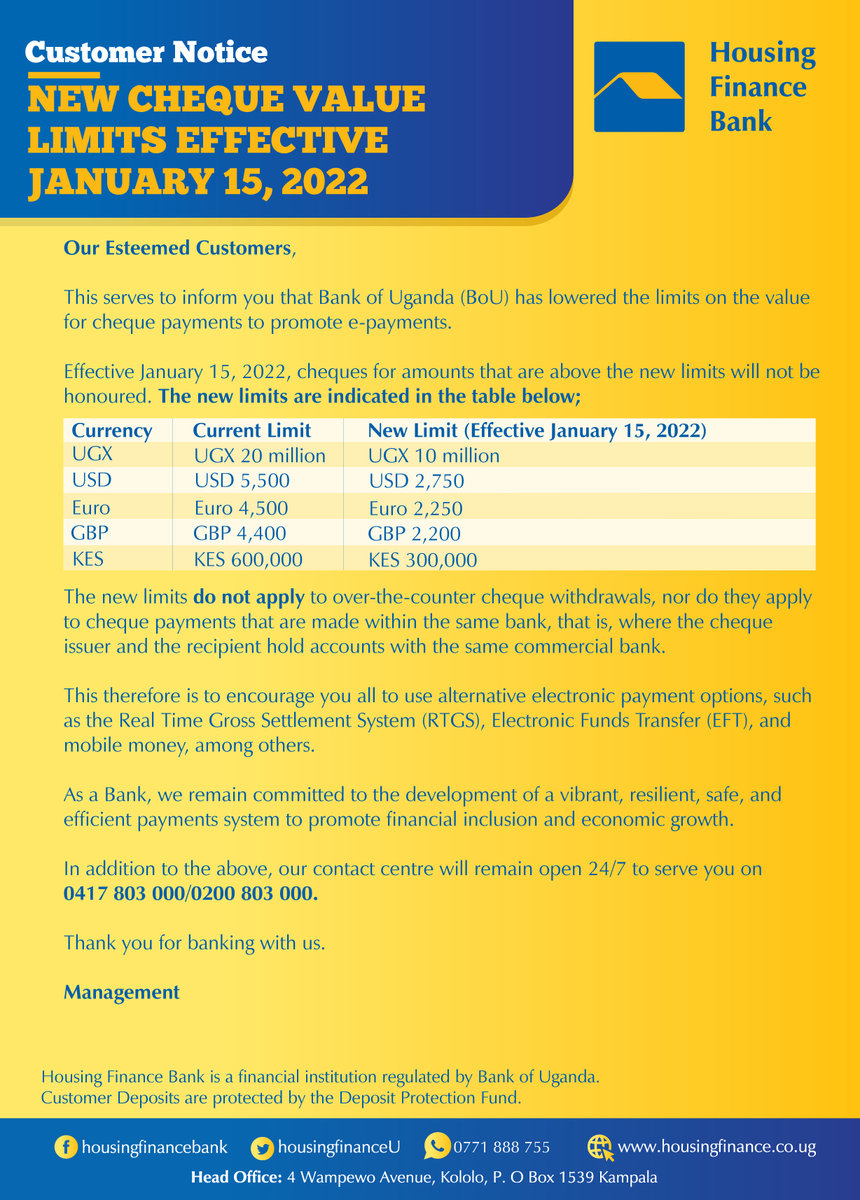 Customer Notice: NEW CHEQUE VALUE LIMITS EFFECTIVE JANUARY 15,2022