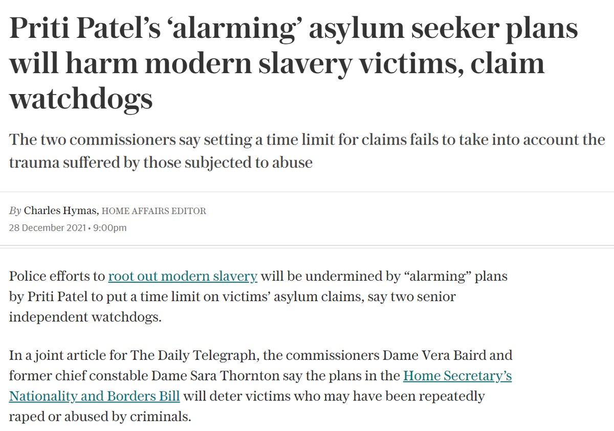 UKAntiSlavery's tweet photo. Read the op ed by Dame Sara Thornton and @VictimsComm Dame Vera Baird which raises their joint concerns about the risks of the #NationalityandBordersBill for victims of #modernslavery. Introduced by @charleshymas for @Telegraph yesterday. Full copy here: https://t.co/bBoJvzUlLB https://t.co/uGdG3cVZhe