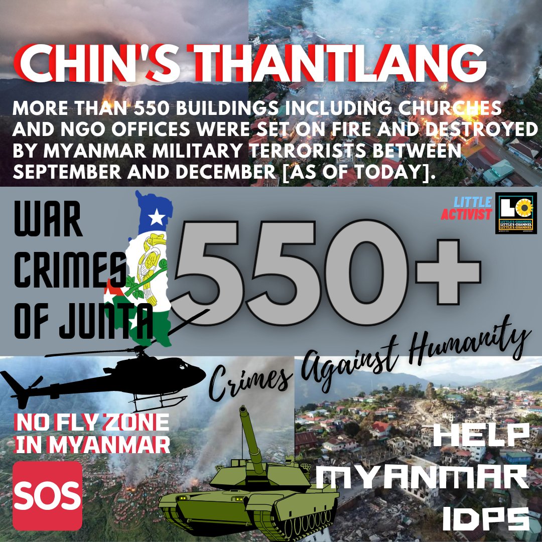 ThetHnin091's tweet photo. Tw // Fire 🔥  In Chin's Thantlang: More than 5️⃣5️⃣0️⃣ buildings including Churches and #NGO offices were set on fire and destroyed by #MyanmarMilitaryTerrorists between Sept and Dec [as of today]. @Refugees @UN  #Dec30Coup #WhatsHappeningInMyanmar https://t.co/EN0XNeTv2P