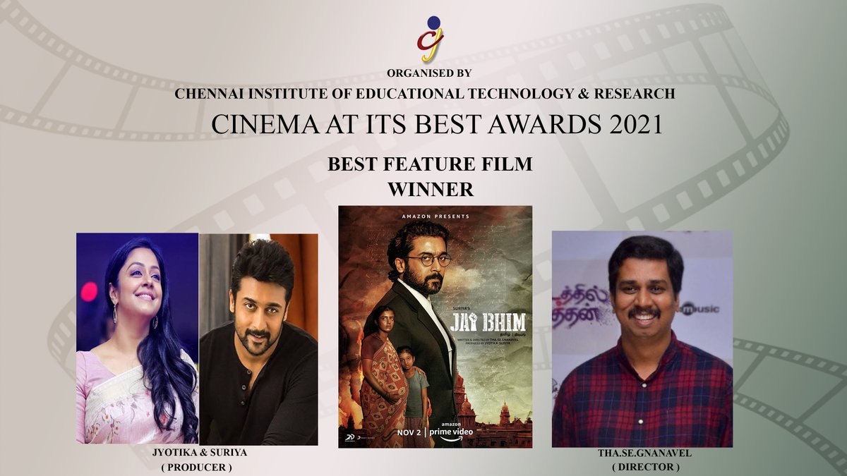 #CAIBAWARDS 2021
#WINNER 
#BESTFEATUREFILM 
#JaiBhim 
@2D_ENTPVTLTD 
#JYOTIKA
@Suriya_offl 
@tjgnan 
CONGRATS TO THE WHOLE TEAM SIR & MAM